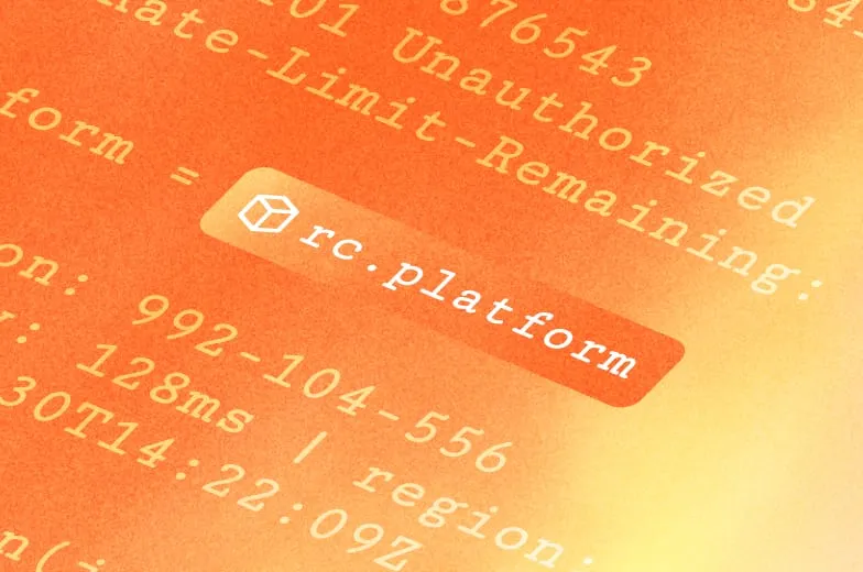 Abstract graphic with text and numbers on an orange background, featuring "rc.platform".