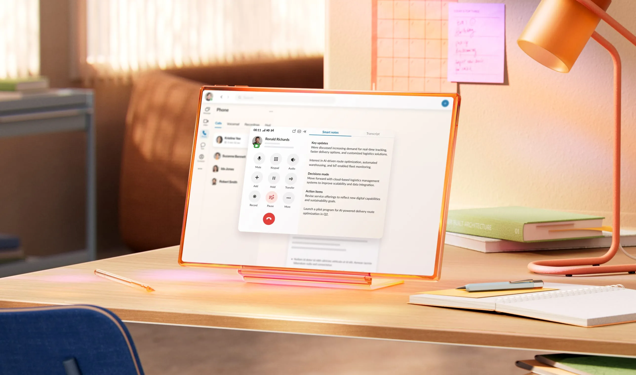 AI Notes feature in the RingCentral app capturing key points from a video meeting on cloud-based logistics management.