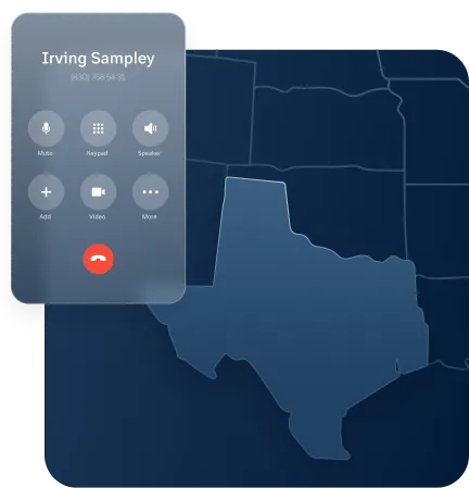 A contact number displayed on the RingCentral dialpad on top of the map of Texas
