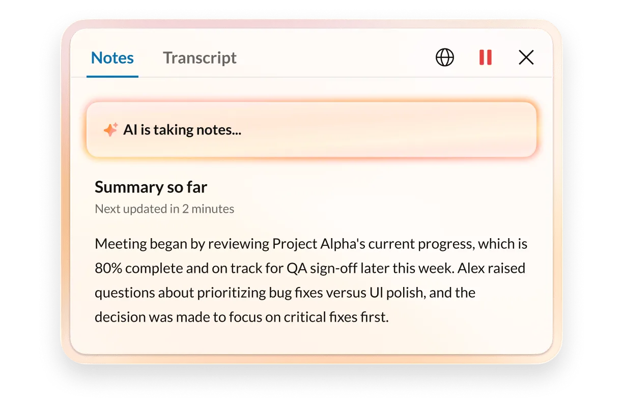 RingCentral AI-powered note-taking interface.