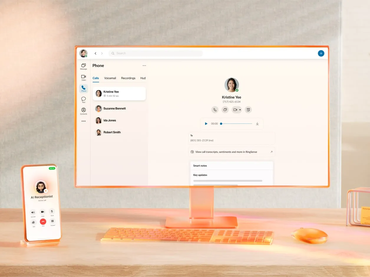 RingCentral phone interface with AI Receptionist on mobile.