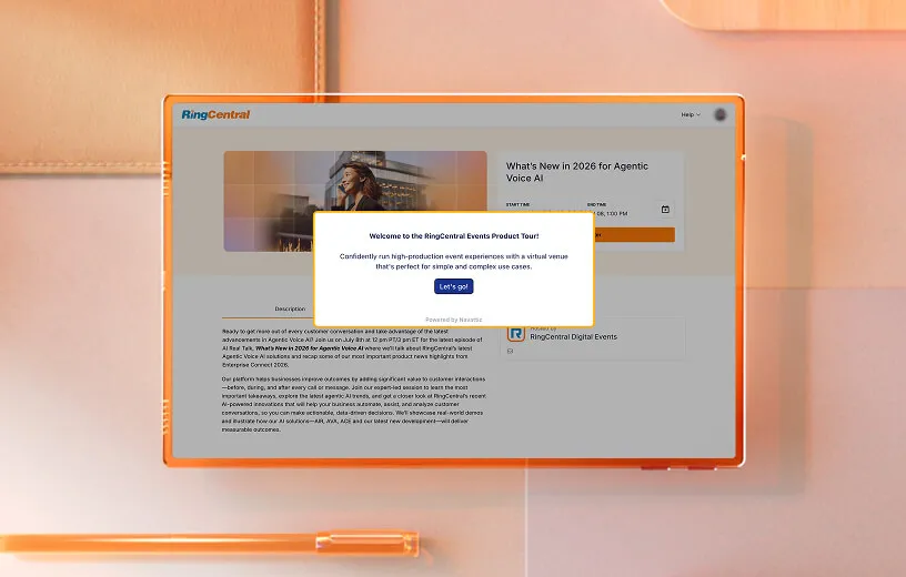 Screenshot of the RingCentral Events Product Tour interface with a prompt to start the tour.