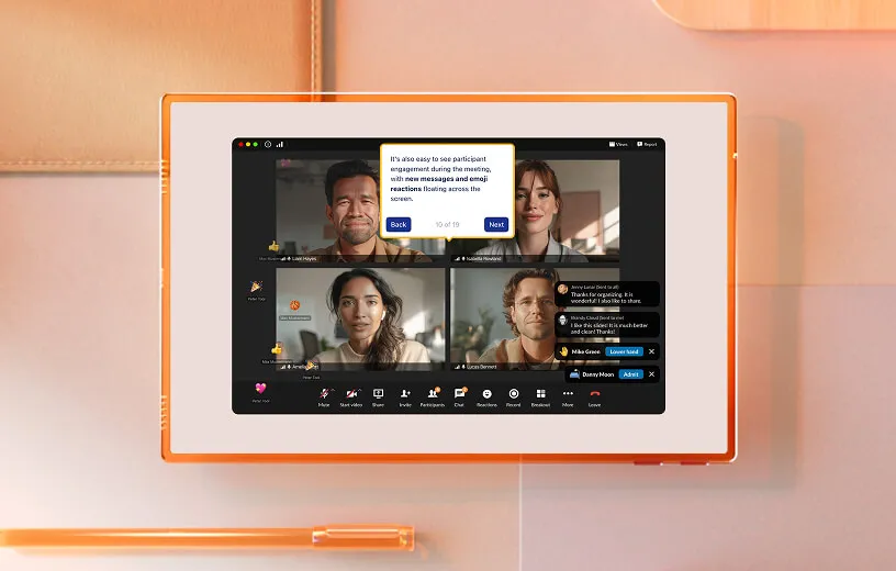 Screenshot of the RingCentral video meeting interface on a tablet, showing four participants and engagement features.