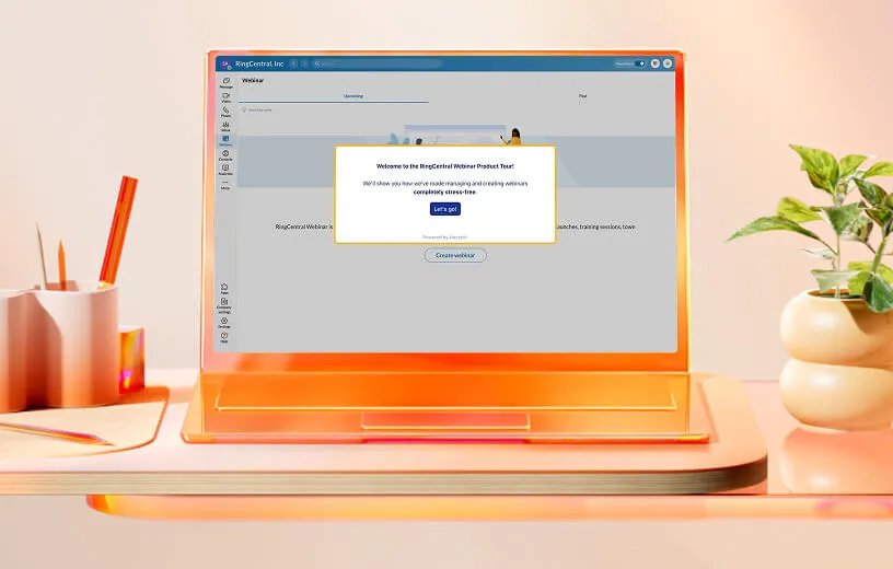 Laptop showing the RingCentral webinar interface welcoming users to a product tour, with options to get started or create a webinar.