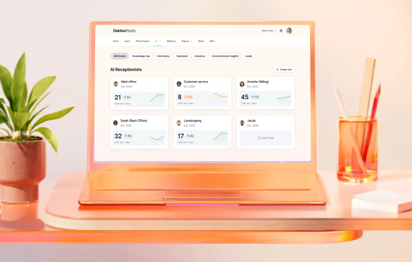 Screenshot of a laptop displaying an Oakline Realty interface for AI receptionist analytics in a bright, modern workspace.