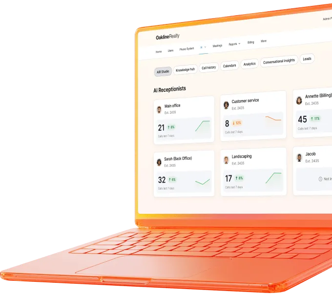 Screenshot of RingCentral interface displaying AI Receptionists call statistics for various departments over the last 7 days.