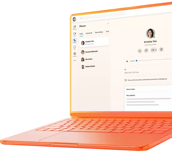 RingCentral phone interface on an orange laptop screen.