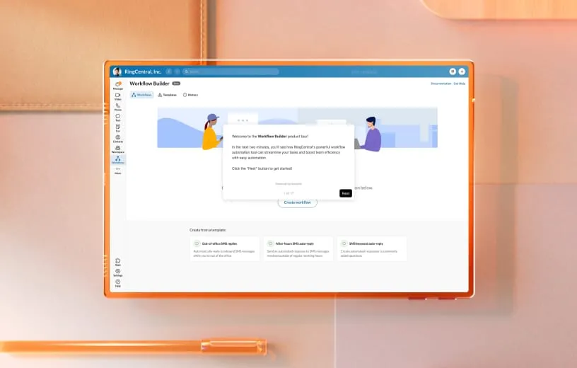 Screenshot of RingCentral Workflow Builder interface with a welcome popup and automation options.