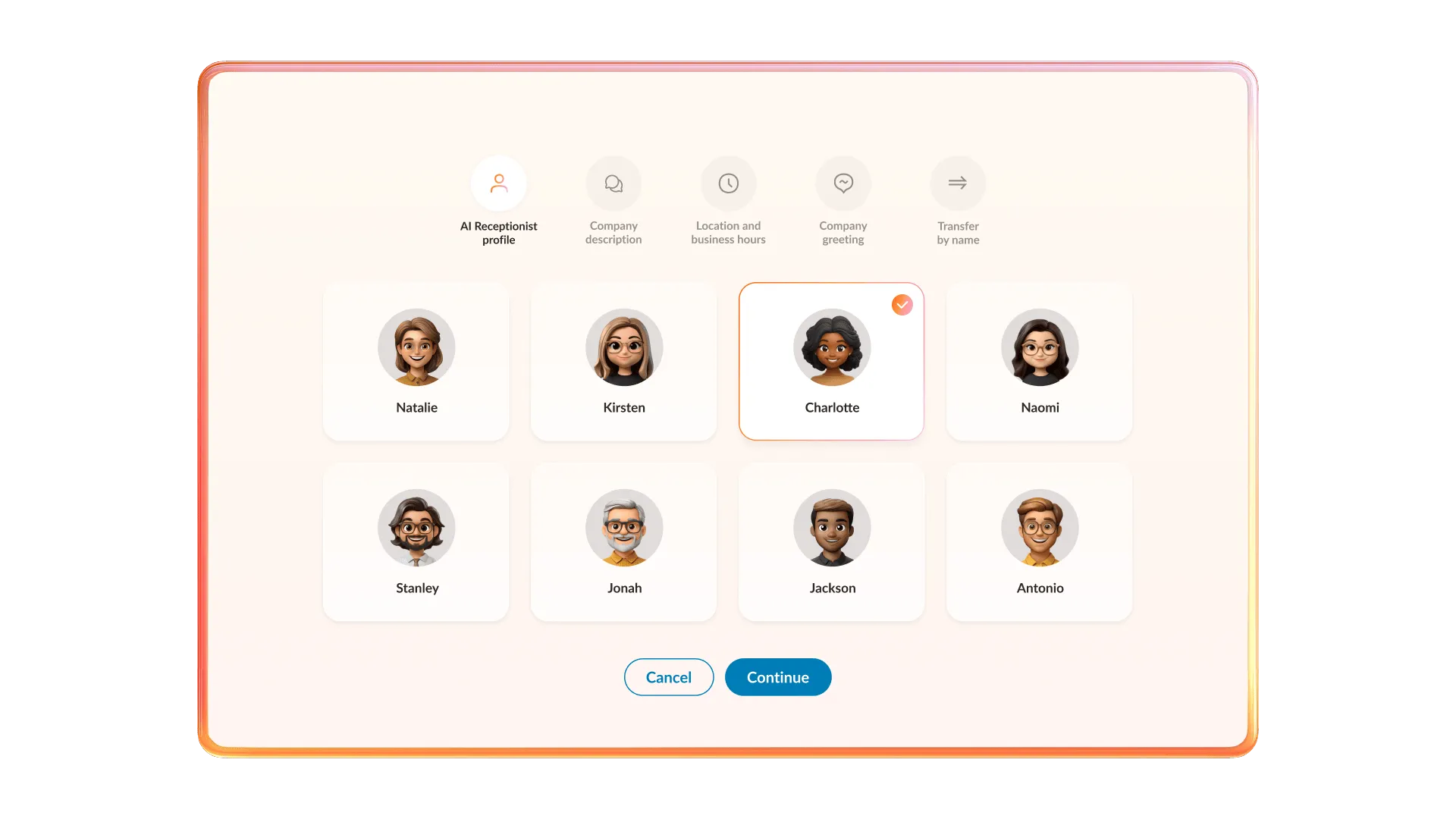 Avatar selection gallery in the AI Receptionist setup menu, with the 'Charlotte' avatar highlighted.