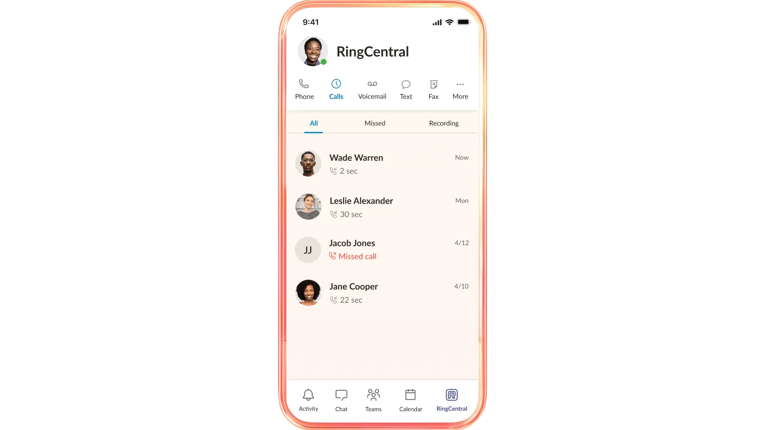RingCentral mobile call display