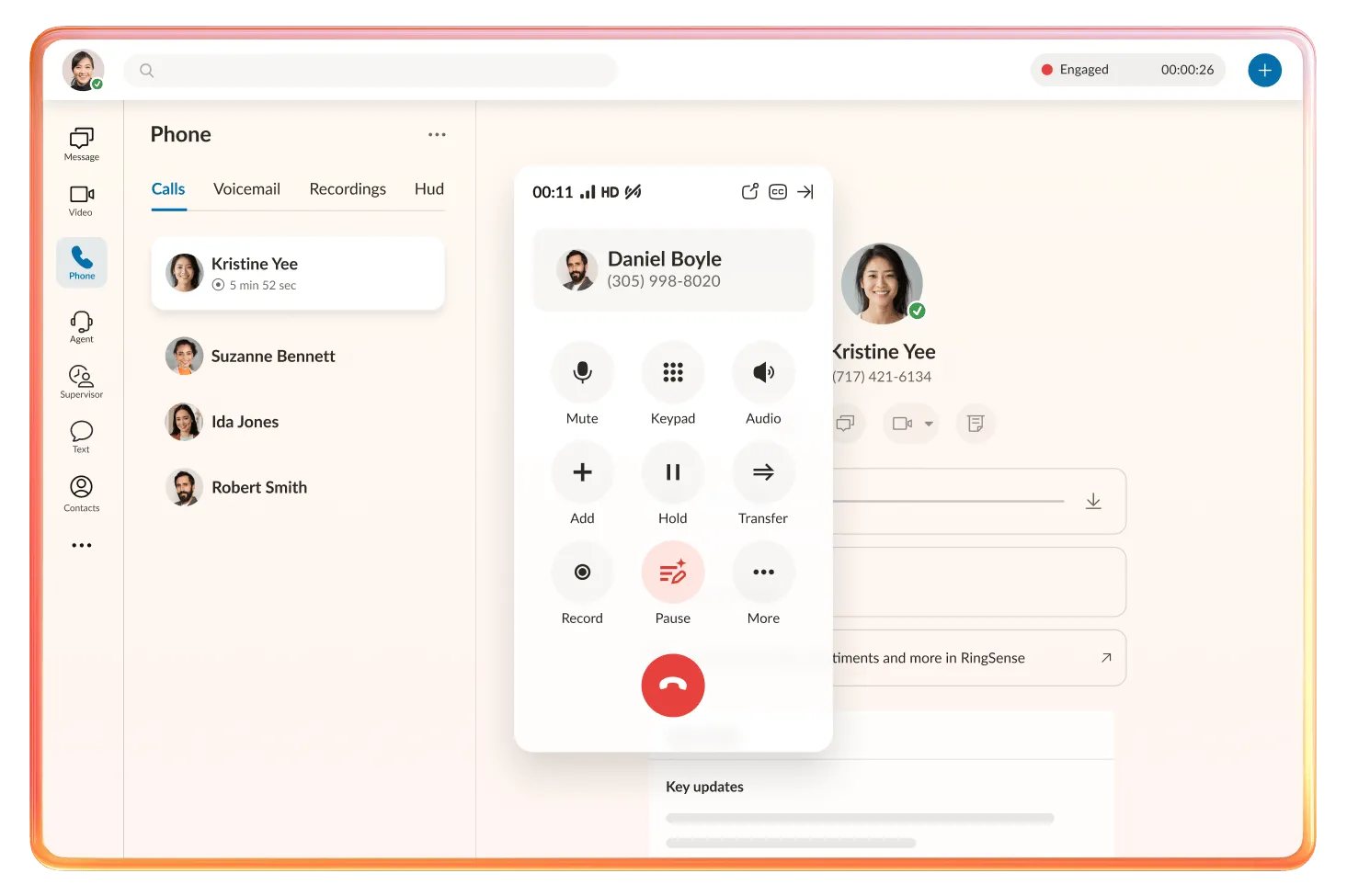 RingCX dashboard with ongoing call rendition.