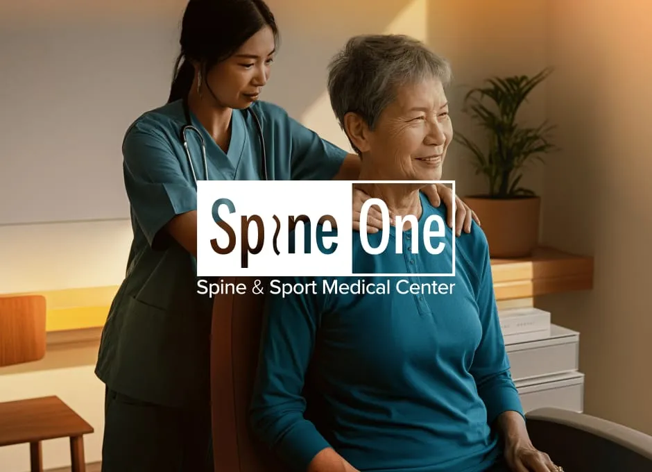 A female healthcare professional in teal scrubs rests her hands on the shoulders of a smiling elderly woman in a sunlit room.