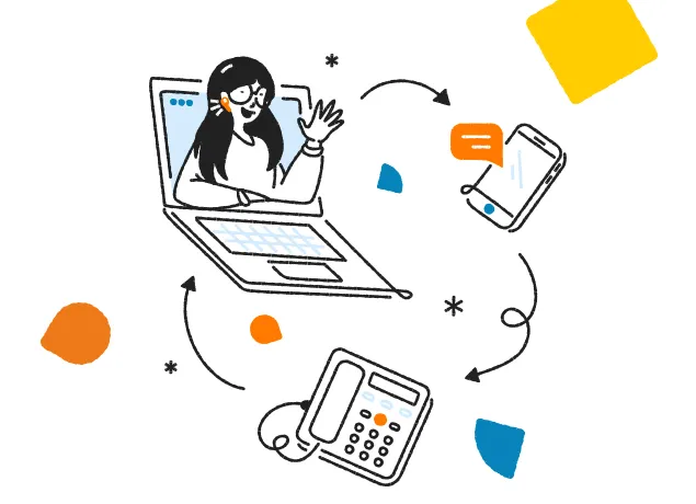 A picture of a laptop, mobile phone and a mobile phone with a single communication application