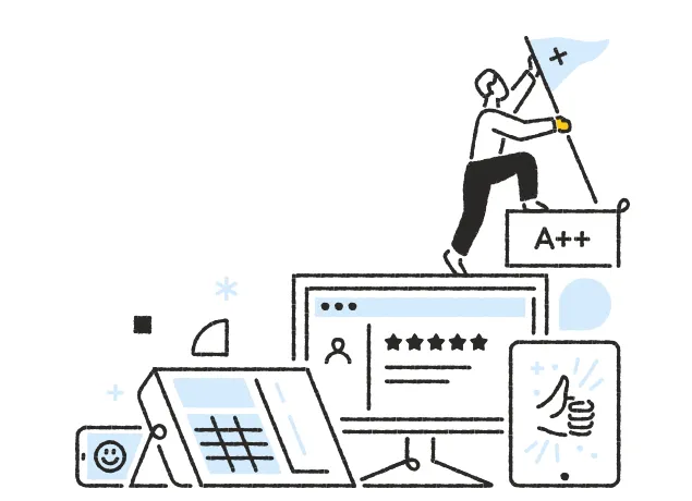 An image of a man standing on both a computer monitor and a phone while holding a flag