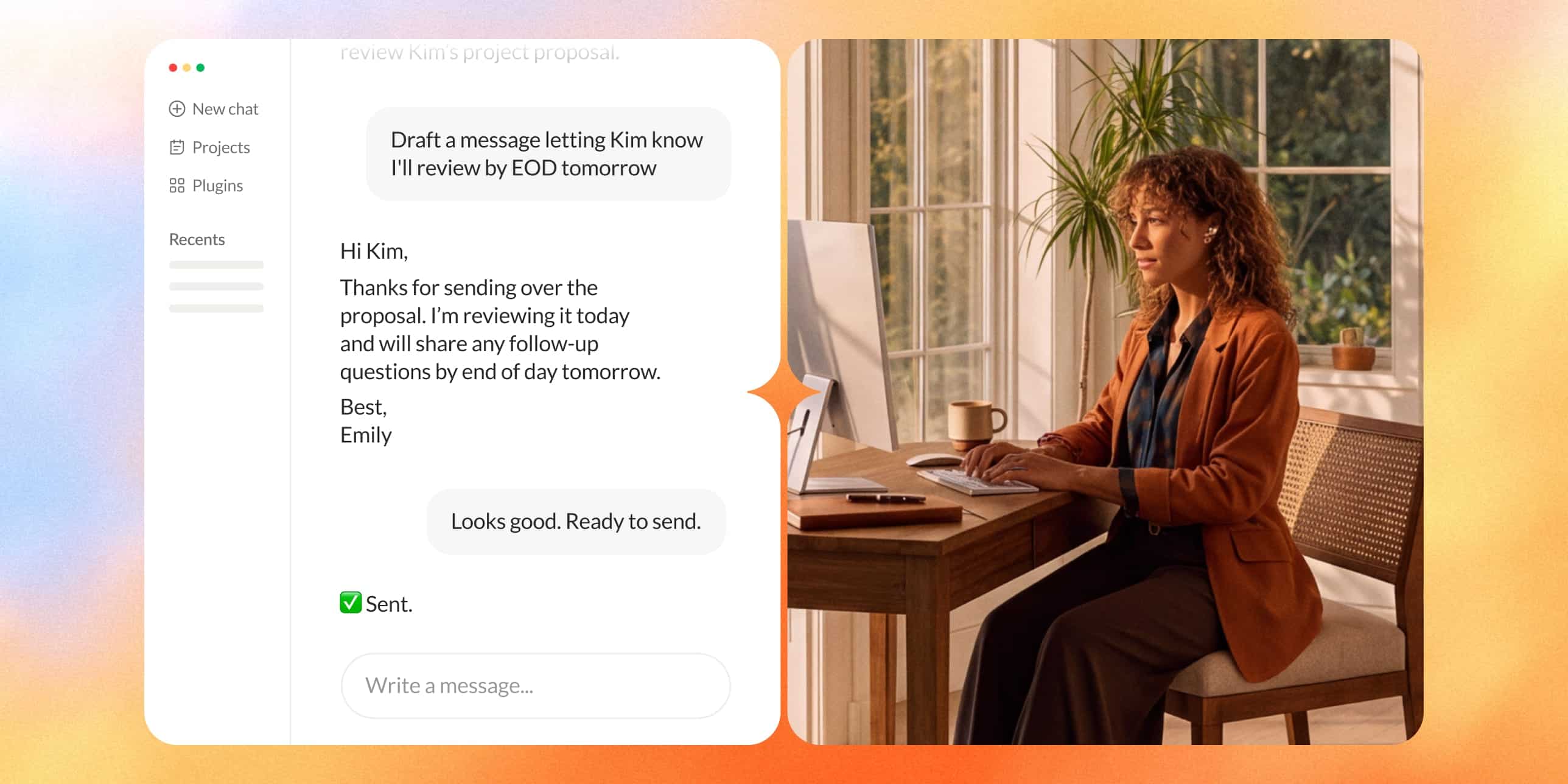 Professional woman drafting a message on a computer using RingCentral's communication platform in a bright office.