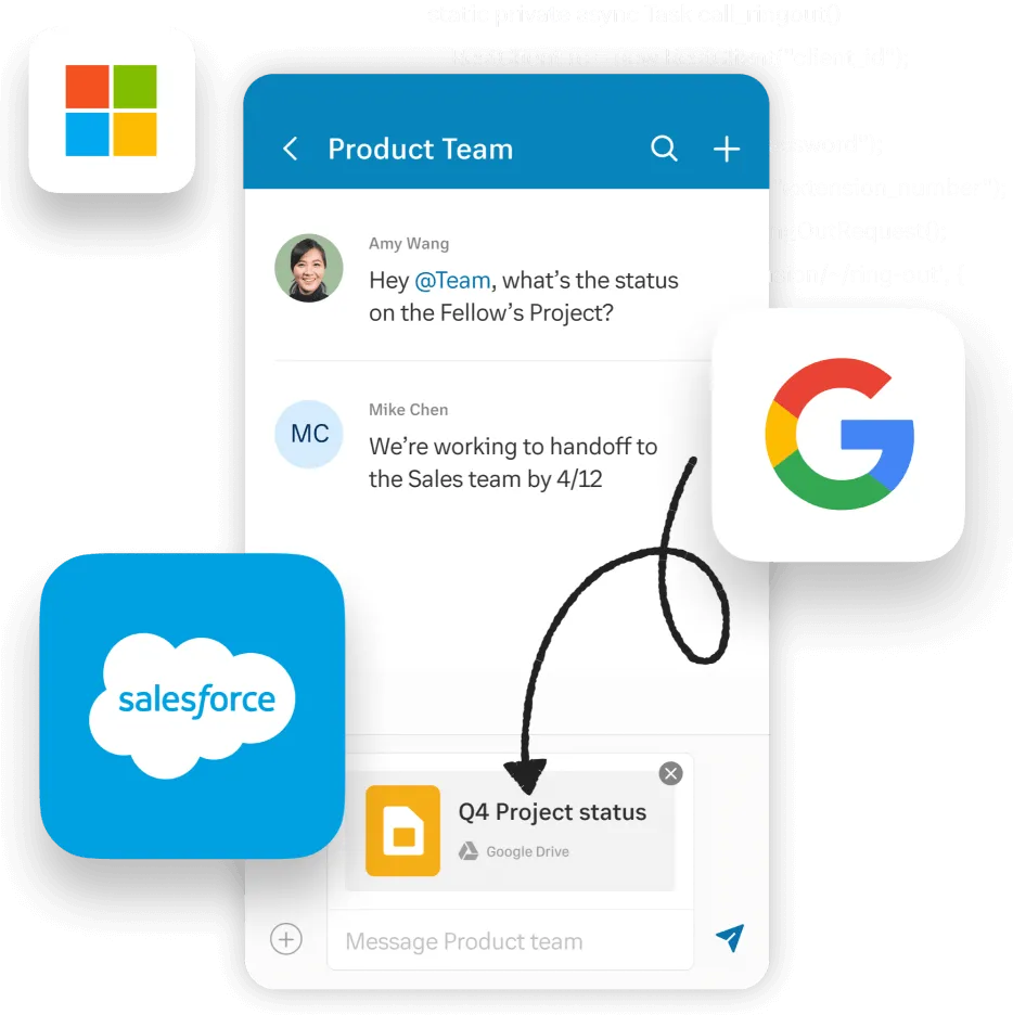 A screenshot of RingCentral app showing integrations with Microsoft Google and Salesforce