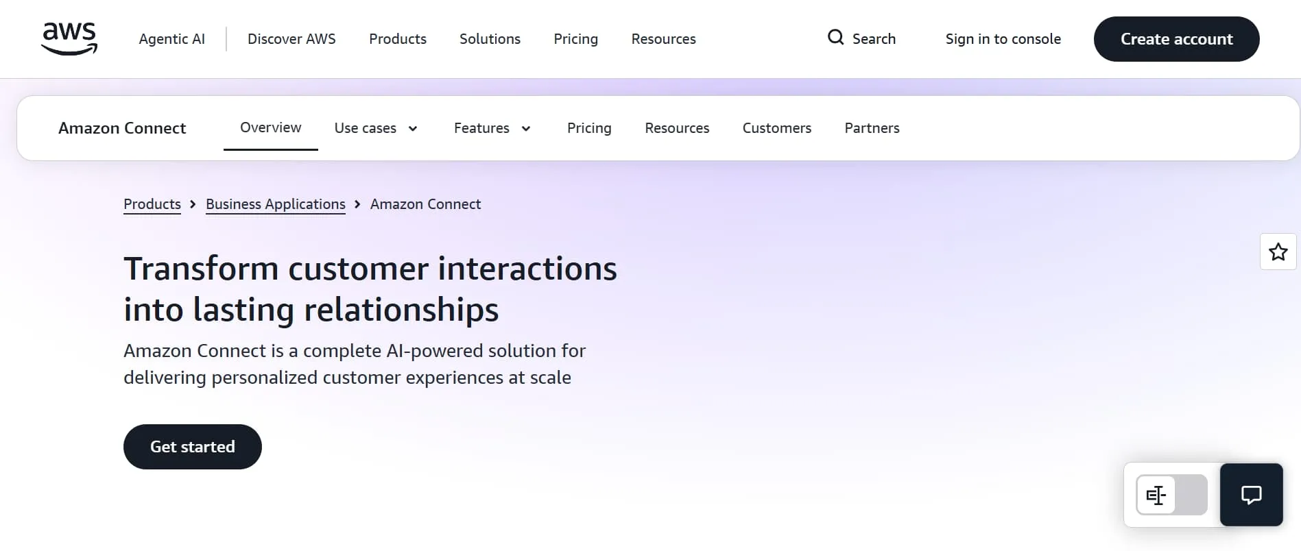 AWS Amazon Connect page highlighting an AI-powered customer experience platform with navigation and a get started button.