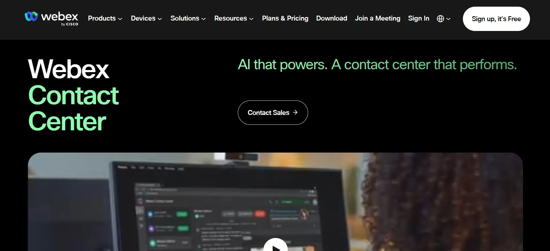 Webex Contact Center webpage highlighting an AI-powered customer service platform with a contact sales button and navigation menu.
