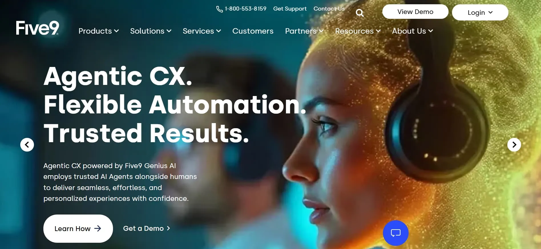 Five9 homepage showing AI-powered CX automation, agent with headset, navigation menu, and demo call to action button.