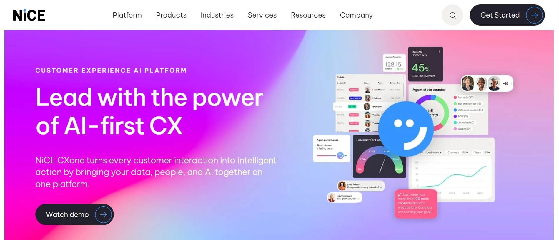 NICE CXone homepage promoting an AI-first customer experience platform with analytics dashboard visuals and demo call to action.