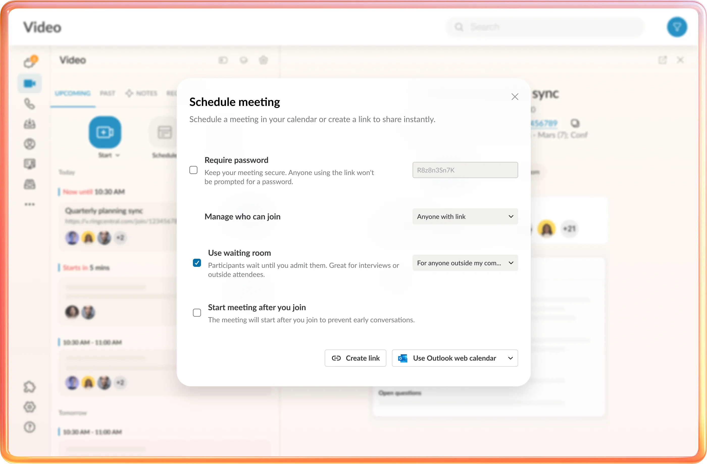 RingCentral Video schedule meeting menu highlighting custom privacy settings and calendar distribution controls.