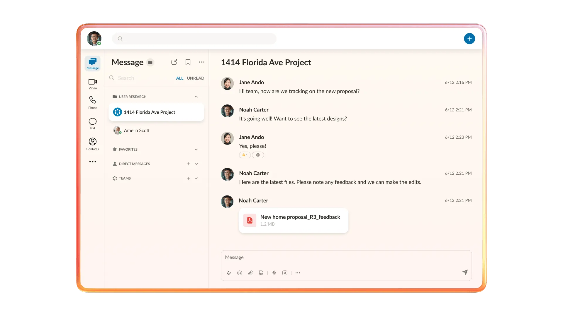 RingCentral team chat interface demonstrating asynchronous collaboration and file-based team updates.