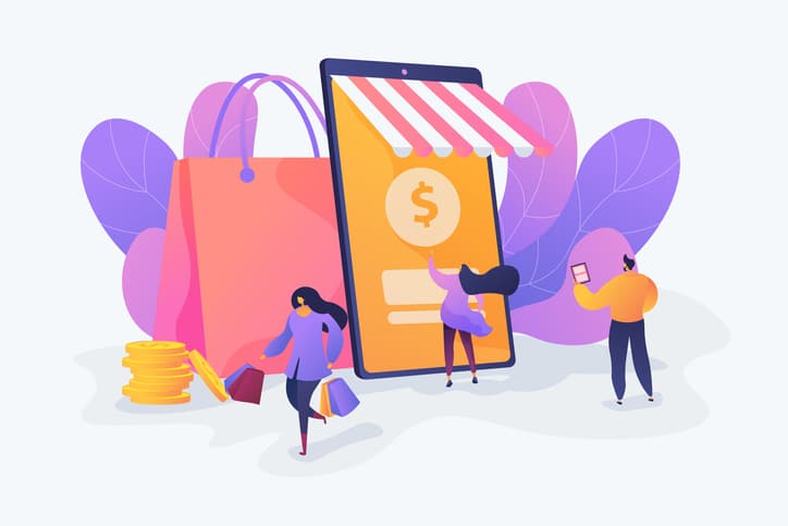 Smart retail, retail mobility solutions, IoT and smart city concept. Vector isolated concept illustration with tiny people and floral elements. Hero image for website.