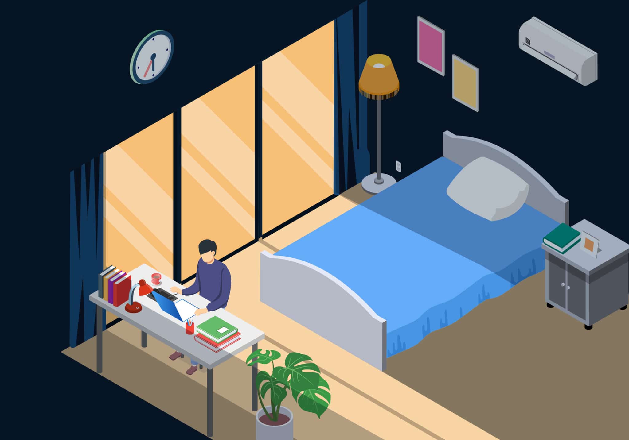 Worker work from home in bedroom in the evening near mirror. Isometric room interior and character using laptop. Stay at home.