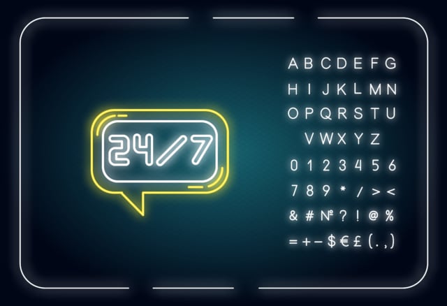 24/7 service neon light icon and English alphabet and punctuation marks