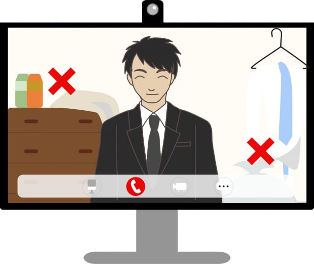 An illustration of a video call over the internet. An example where the background is inappropriate.