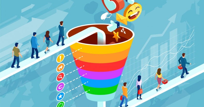 Illustration of an isometric funnel infographic showing customer retention strategy