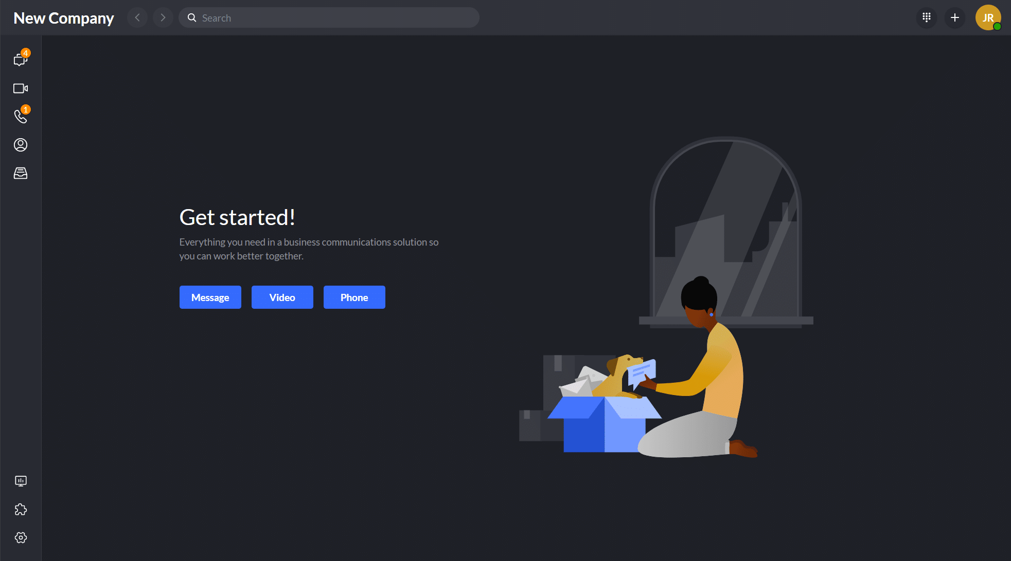 The 'get started' screen in the RingCentral app's dark theme