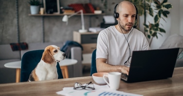 man working on laptop at home his pet dog is next to him on chair