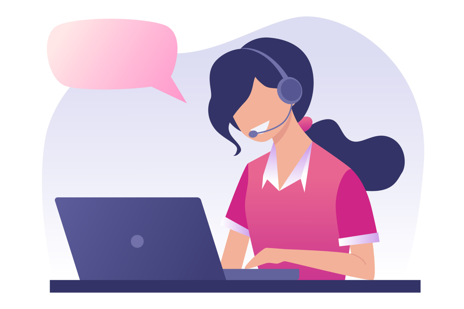 Young woman is working on a laptop. Call center. The girl answers the call, support service. Online consultation, online help. Vector flat illustration. Dispatcher-803