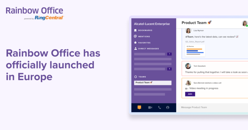 coloured card announcing the launch of Rainbow Office Powered by RingCentral in Europe and showing a screenshot of the Rainbow Office interface