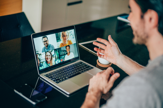 group of people using laptop for a online meeting in video call.