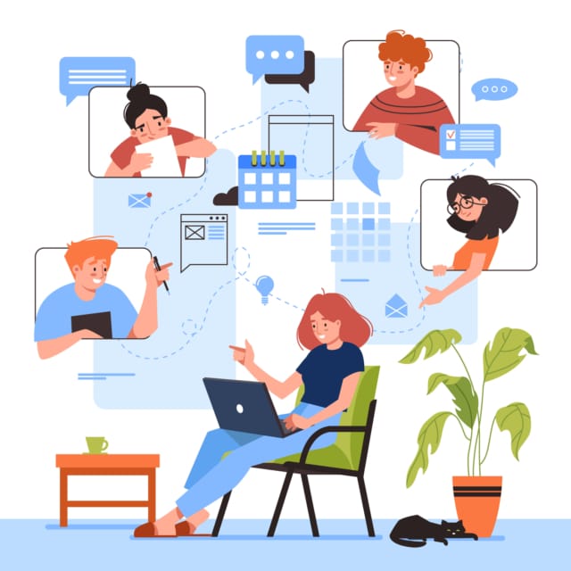 Online meeting vector illustration design. Woman with laptop at remote work conference. Virtual video study or education, business planning. Flat cartoon people discussion. Home office concept.-574