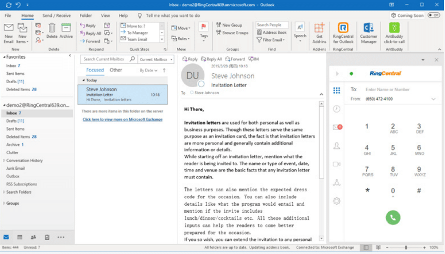 RingCentral dialler in the Outlook UI-941