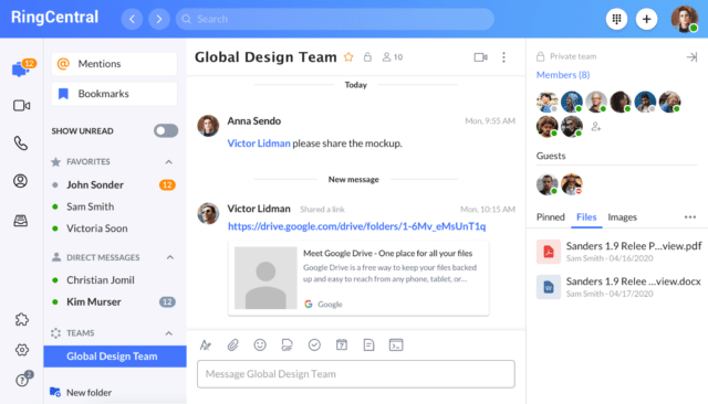 screenshot of RingCentral MVP team chat interface demonstrating how a user can share a link