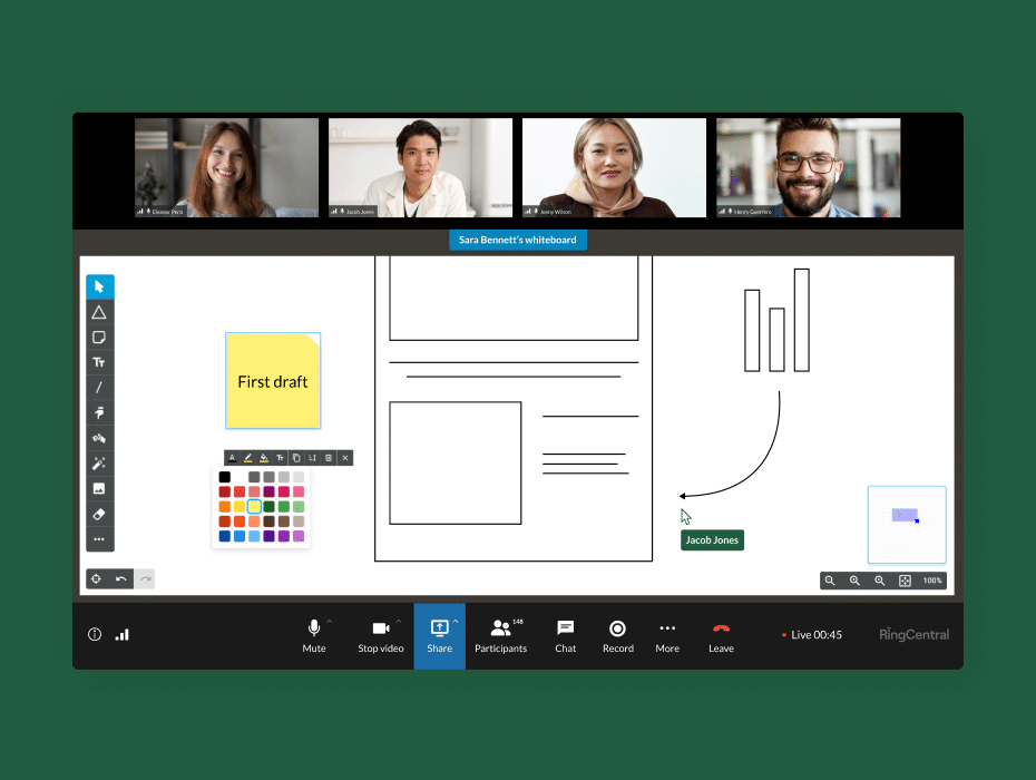 users on a video call using the whiteboard function of RingCentral Video