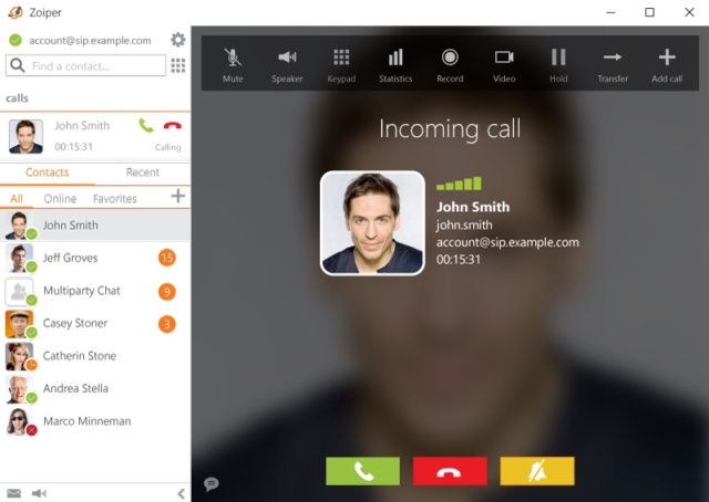 Screenshot of the Zoip VoIP software