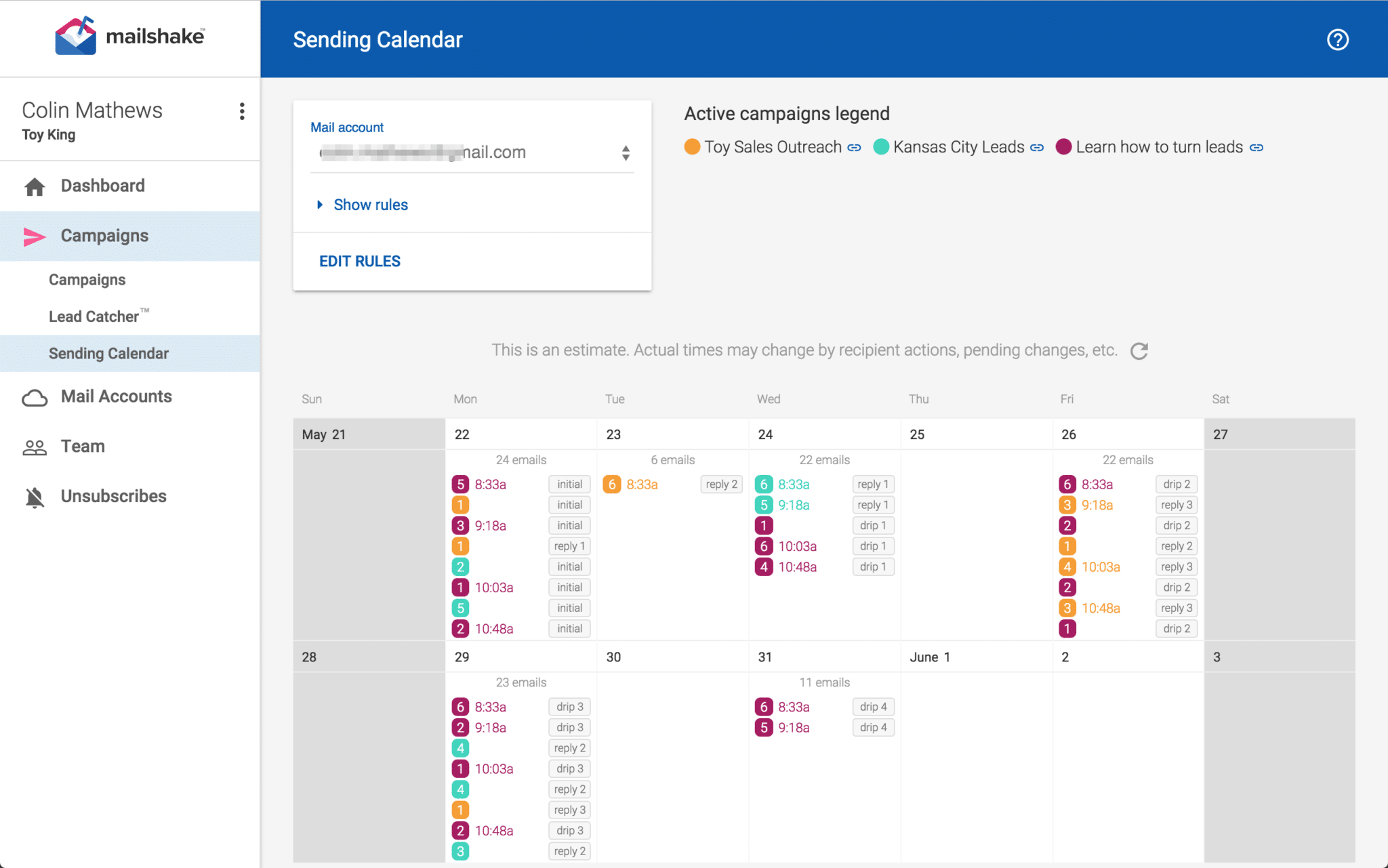 Set email sending rules across all campaigns by 'Sending Calendar' under 'Campaigns' on Mailshake.
