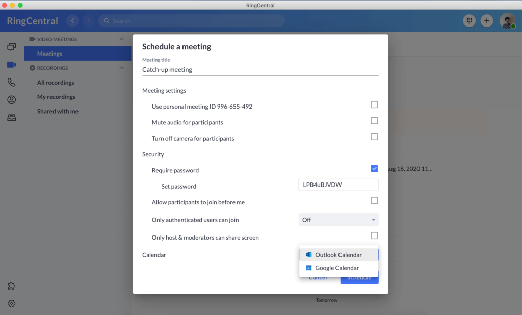 video conferencing setup with security settings in RingCentral Video
