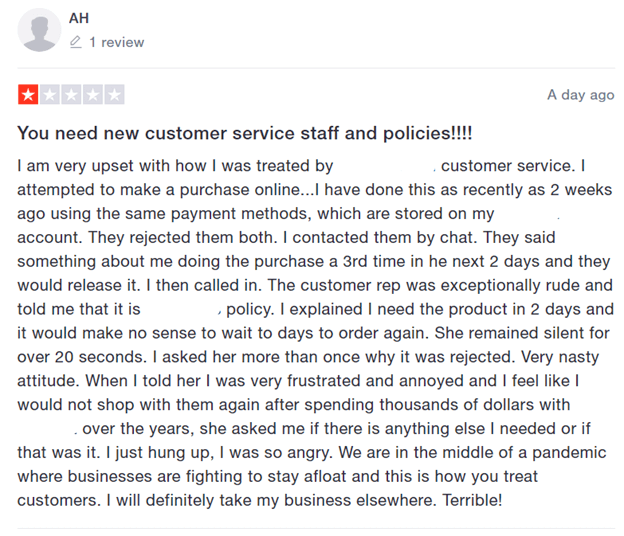 bad customer review example due to company policy