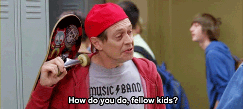 GIF of Steve Buscemi saying “hello fellow young people