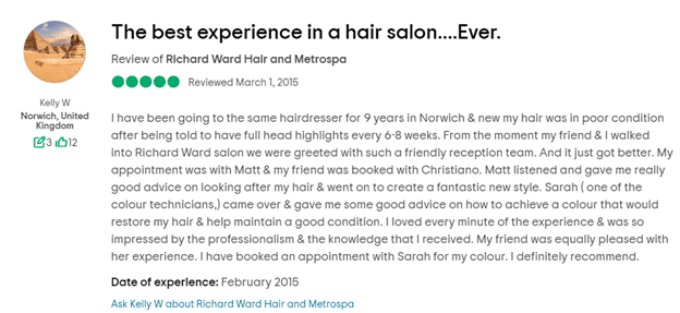 hair salon customer review example