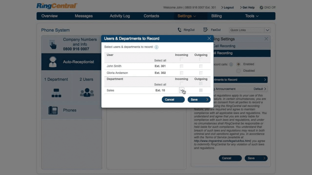 RingCentral’s automatic call recording feature
