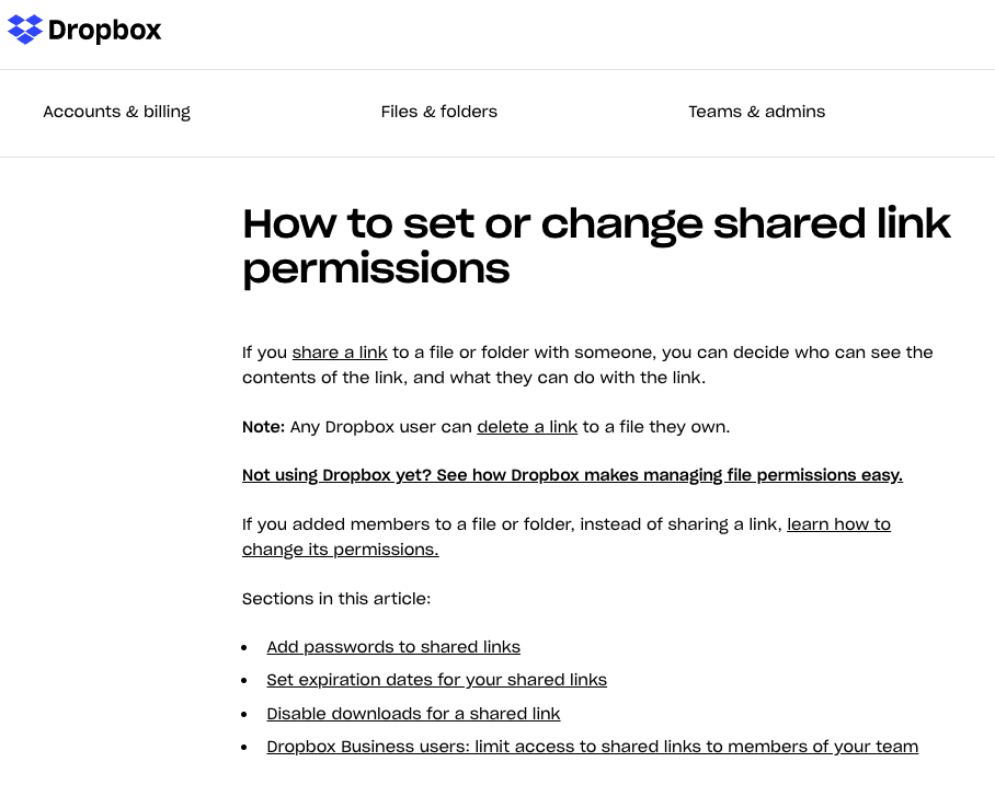 example of a how-to article from Dropbox