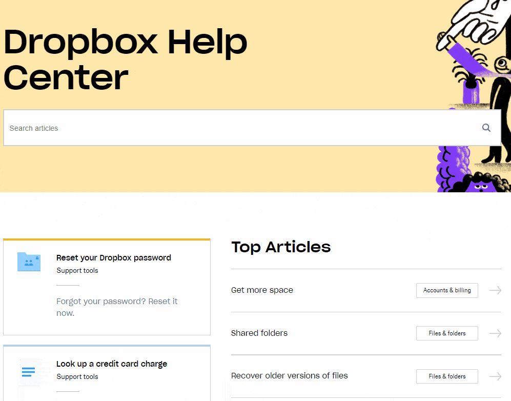 Dropbox’s help center “top” articles and tutorials