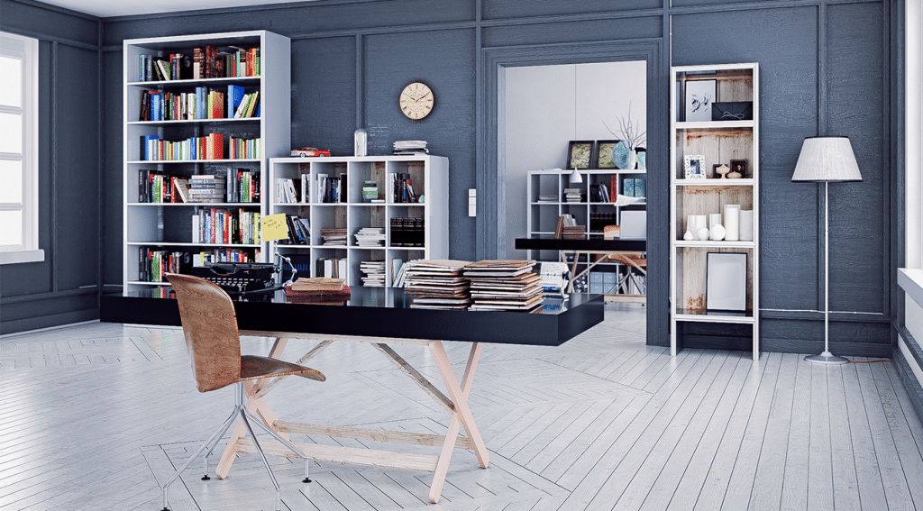 Organized workstation with bookshelf background